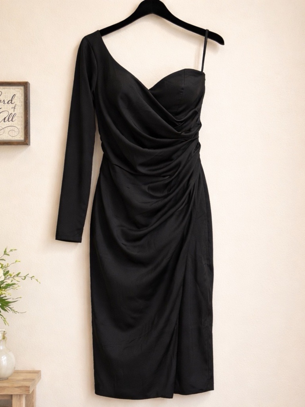Fashion Nova Black One-Shoulder Draped Midi with Sleeve